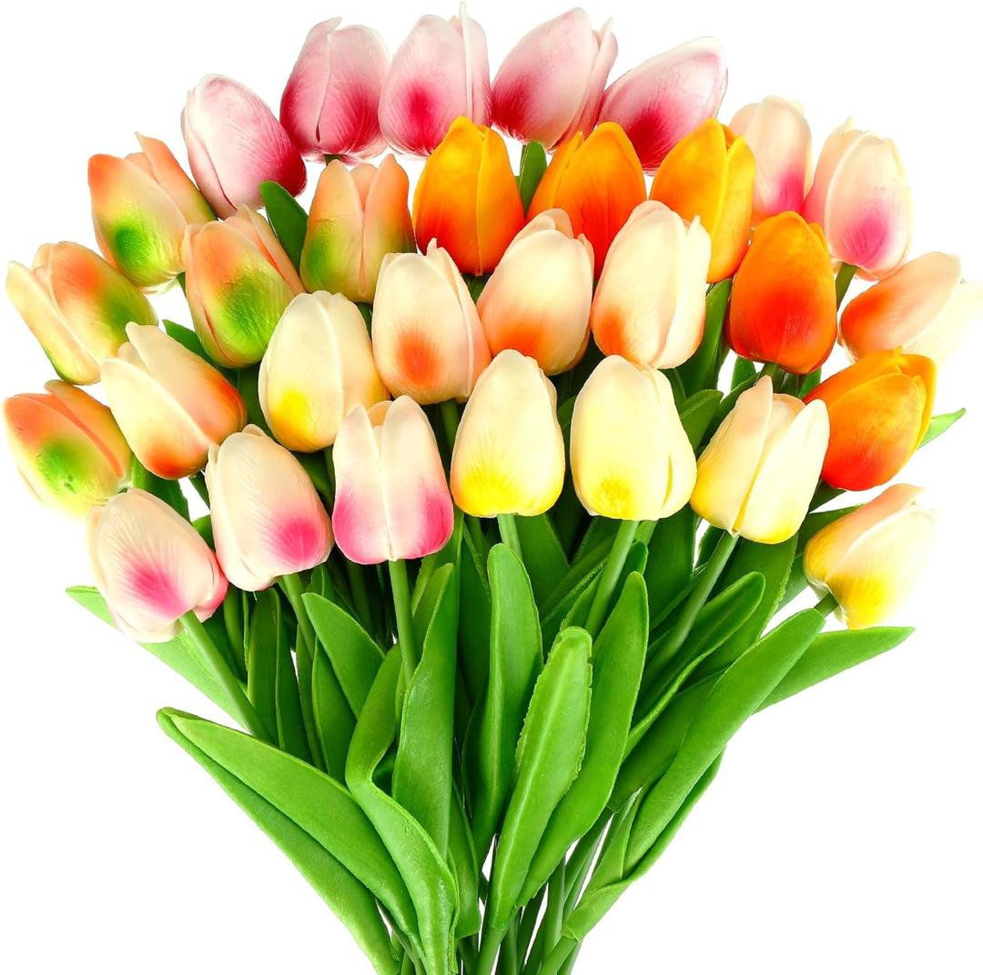Lyrow 30 Pcs Tulips Artificial Bouquet Real Touch Flowers Faux Tulips for Home Kitchen Wedding Decorations,Gift Idea for Easter Decor Mother's Day Birthdays(Multi Colors)