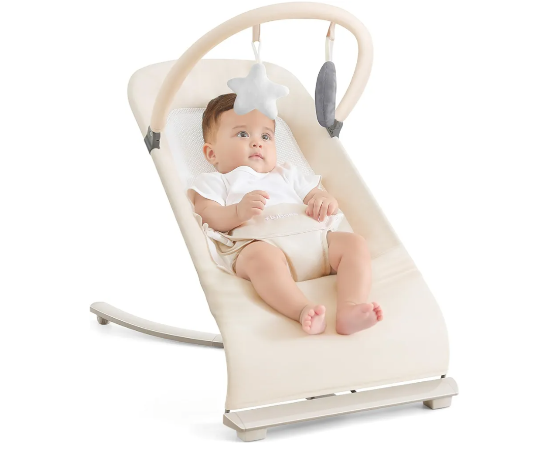 3-in-1 Portable Baby Bouncer & Rocker Chair for Newborn to Toddler - 4 Adjustable Recline Positions, Breathable Cotton Fabric, Natural Vibration, Supports Up to 33 lbs (Oatmeal Khaki)