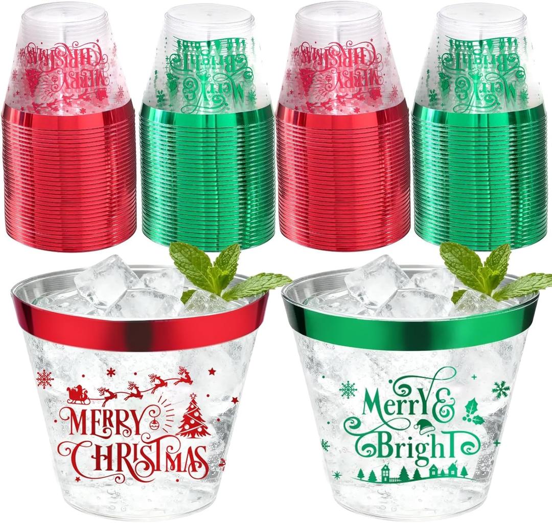 60Pcs Christmas Party Decorations Cups  9Oz Merry Christmas Theme Red Green Disposable Plastic Cups for Xmas Wedding Thanksgiving Birthday Holiday Party Supplies Xmas Party Drinks
