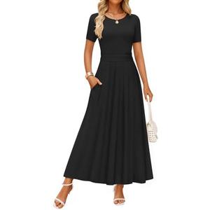 ZESICA Women's Summer Short Sleeve Maxi Dress 2025 Casual Crewneck Pleated A Line Flowy Long Dresses with Pockets, Large