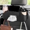 Car Seat Back Organizer with 2 Drink Cup Holder, Headrest Rear Seat Storage Organizer with Tissue Box and Hook, Multi-Functional Backseat Hanging Storage Box for Kids Travel (Black)