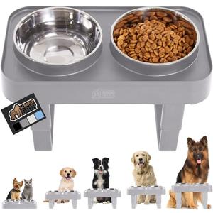 GORILLA GRIP Elevated Dog Bowls Stand, 6 Cup Stainless Steel Food Bowl Set of 2, 5 Height Adjustable Raised Feeding Station for Small Breed Puppy Dogs and Cats, Medium, Large Sized Pets Feeder, Gray