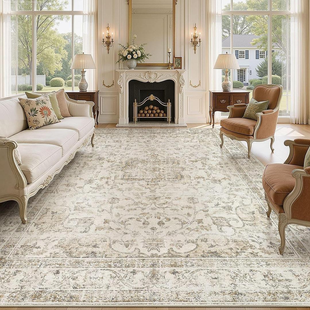 Washable Area Rugs 9x12: Neutral Beige Rugs for Living Room