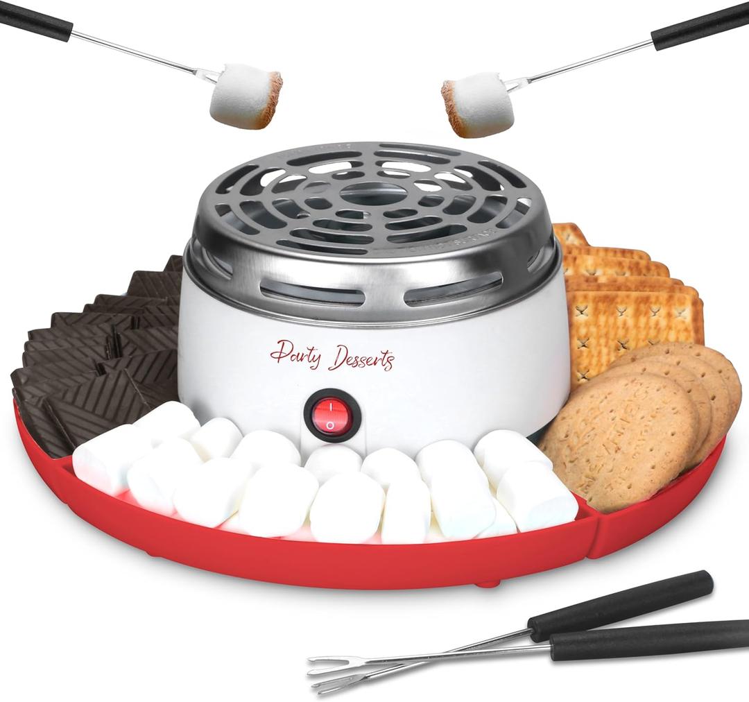 Electric Smores Maker Tabletop Indoor Kit, Indoor Marshmallow Roaster, Smores Station with 4 Compartment Trays & 4 Forks, Great Gift for Adults and Kids in Holidays and Parties (Red)