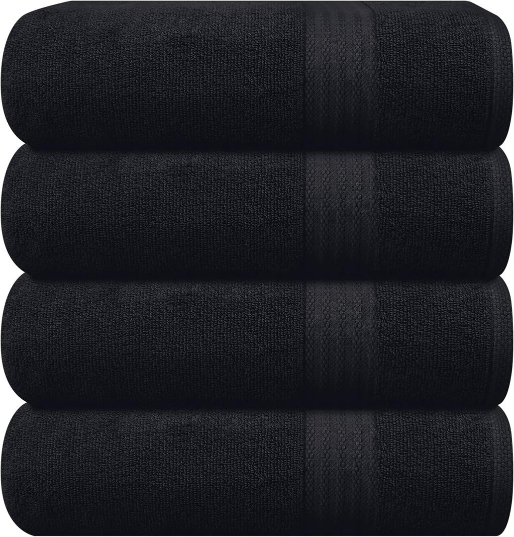 GLAMBURG Premium Cotton 4 Pack Bath Towel Set - 100% Pure Cotton - 4 Bath Towels 27x54 - Ideal for Everyday use - Ultra Soft & Highly Absorbent - Black (4 Pack Bath Towels)