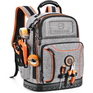 LOKASS Tool Bag Backpack, 75 Pockets & Loops Heavy Duty Tools Organizer Bags/HVAC Tool Carrier for Eelectrician/Construction Work with Molded Base and Combination Lock, Large, Grey