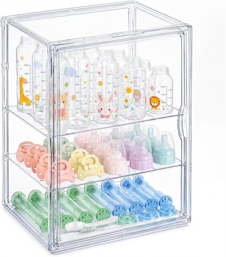 Clear Acrylic Baby Bottle Storage Organizer for Countertop Cabinet, 3 Tiers Adjustable Bottle Storage Station with 2 Removable Dividers & Magnetic Dustproof Door Baby Bottle Drying Rack Large