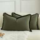 MANDIOO Set of 2 Neutral Cotton Fringe Throw Pillow Covers Decorative Boho Farmhouse Cushion Covers Cozy Tassels Pillowcase for Couch Sofa Bedroom Living Room Home Decor 12x20 Inch Olive Green