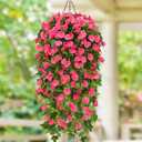Waipfaru Artificial Hanging Flowers for Outdoors, Faux Plants Outdoor UV Resistant, Hanging Baskets with Artificial Flowers for Planters, Spring Summer Porch Patio Decorations Outdoor (Rose Red) (1 Pcs)