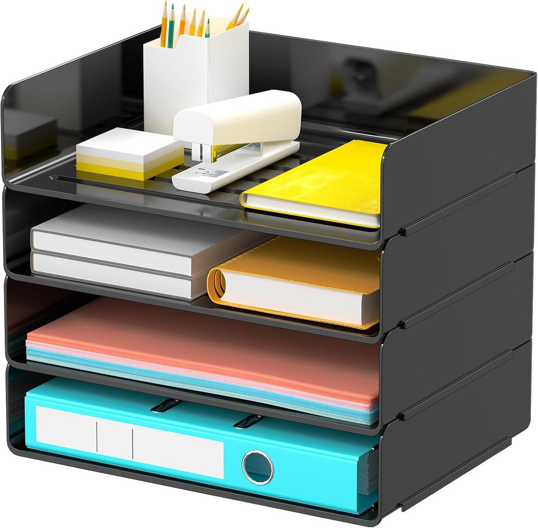 Desk Organizer, Stackable Paper Letter Tray, Desktop File Paper Holder Office Organization School Supplies (Black)
