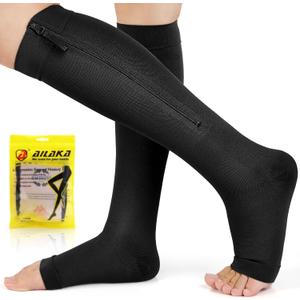 Ailaka Zipper Compression Socks for Women Men, 20-30 mmHg Open Toe Compression Socks Knee High, Ted Hose Compression Stockings for Edema, Varicose Veins (2X-Large (1 Pair), Black)