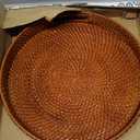 JUNGLE CULTURE Large Rattan Serving Tray  Round Table Basket  Wicker Ottoman Trays with Handles for Coffee Table, Bed Side or Couch  Flat Circle Woven Tray (Natural Chestnut Brown, 13.9")