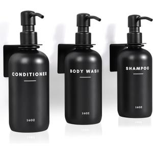 Set of 3 Shampoo and Conditioner Dispenser, 16oz Wall Mounted Shower Dispenser Stainless Steel Support, Easy to Replenish Stainless Steel Pump Head Durable Shower Soap Dispenser and Shampoo Dispenser (Black)