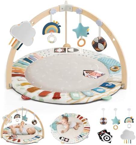 Blissful Diary Baby Play Gym & Activity Mat, 5 Developmental Zones Wooden Tummy Time Mat with 6 Detachable Sensory Toys for Motor Skills & Sensory Development, Baby Essentials Shower Gift