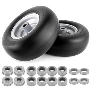 11x4.00-5 Lawn Mower Tires Flat Free Tire and Wheel 2 Pack Universal Fit 11x4-5 Flat Free Tire with Rim, 3.4"-4"-4.5"-5" Centered Hub, 3/4" or 5/8" or 1/2"Bushings