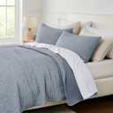WDCOZY Chambray Pick Stitch Twin Size Quilt Set, Denim Blue Striped Lightweight Soft Summer Spring Bedspread, Bamboo Linen Like Textured Coverlet, Farmhouse Country Rustic Bedding, Thin Comforter