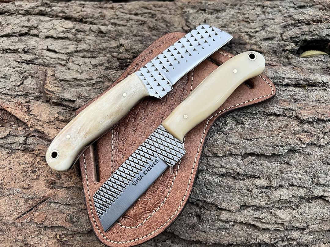 Custom Handmade 7'' Fixed Blade Hoof Rasp Knife / Cowboy Knife / Bull Cutter Cowboy Knives With Pancake Leather Sheath (White)