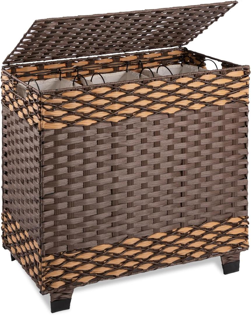 OIAHOMY Laundry Hamper with Lid, 140L Synthetic Rattan Clothes Hamper with Handles, Handwoven Large Laundry Basket with 3 Removable Liner Bags, Foldable, Laundry Room, 27*13*26 Inches, Gradient Brown