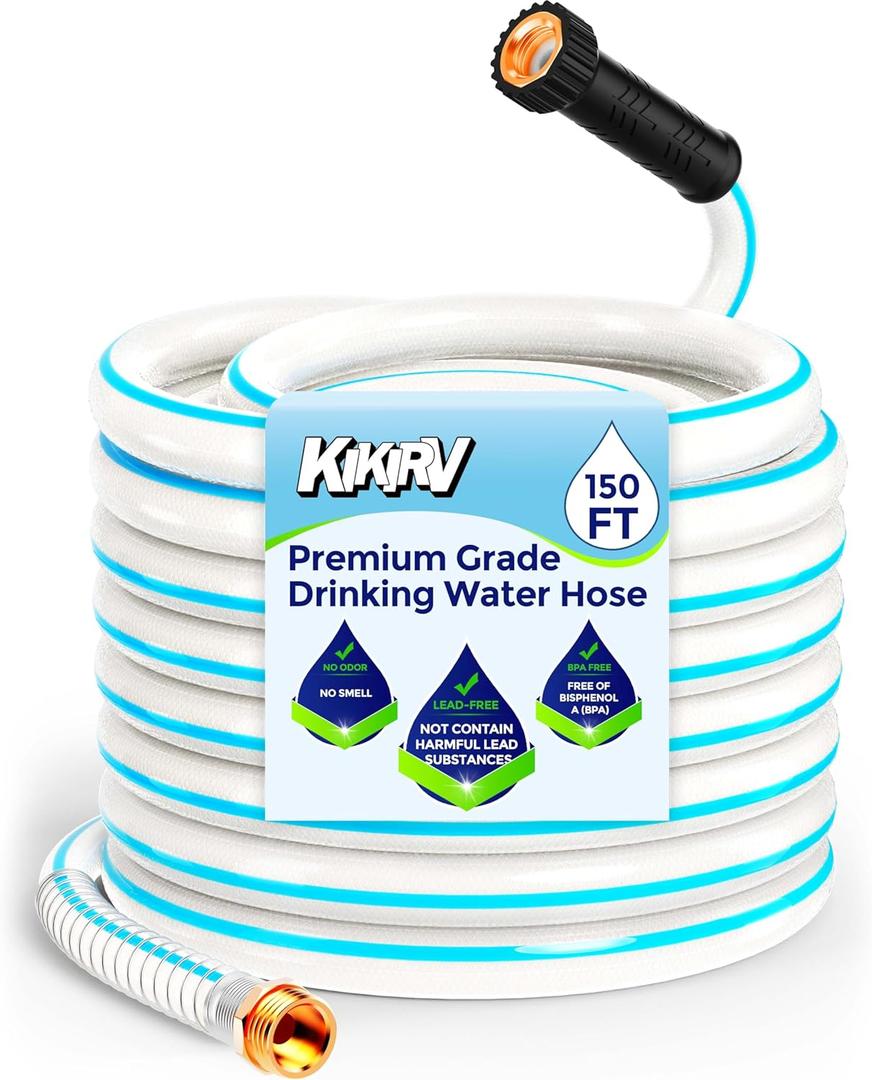 150ft RV Water Hose - Drinking Water Hose Contains No Lead, No BPA - Flexible Leak-Free Design - Upgrade Strain Relief Ends - 5/8" Inside Diameter