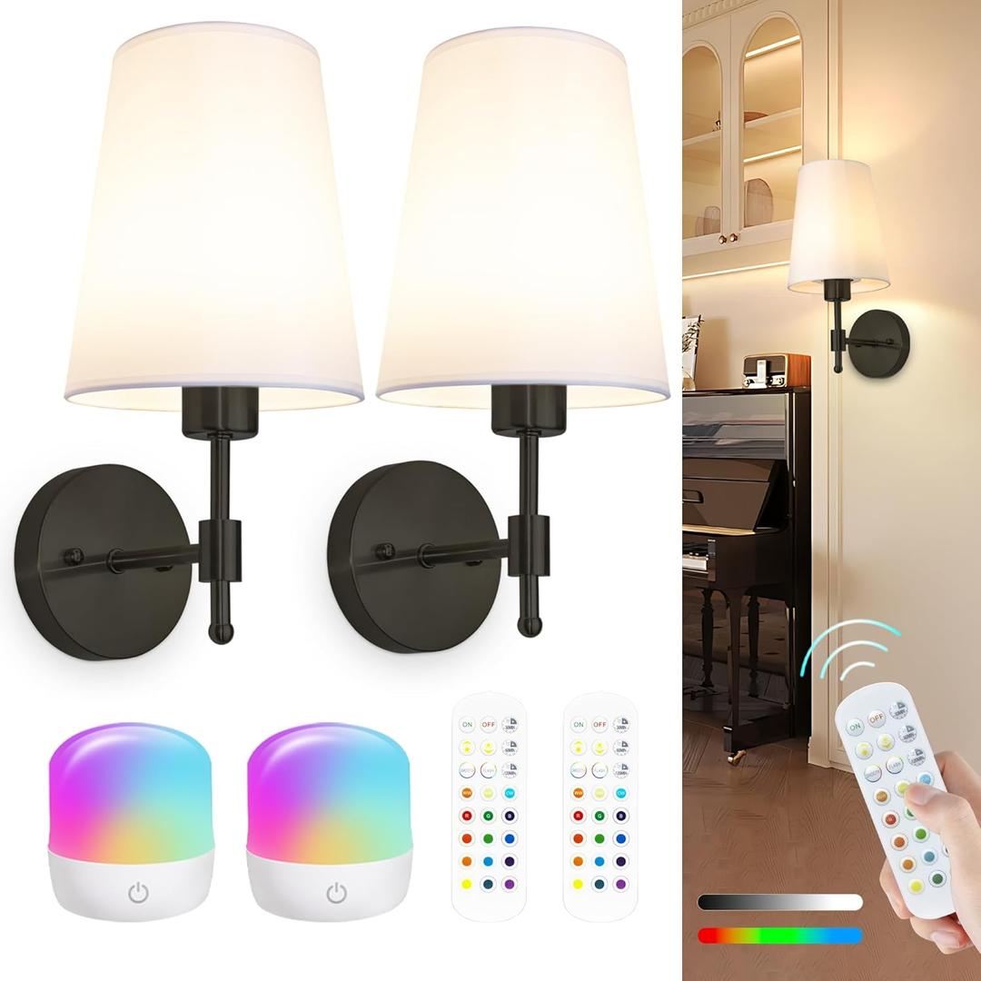 Battery Operated Wall Sconces Set of 2, Rechargeable Gold Wall Sconce with Remote Control, 12 Colors RGB Magnetic Bulb, Wireless Battery Wall Lamp for Bedroom Living Room Hallway (14 inch B11, Black)