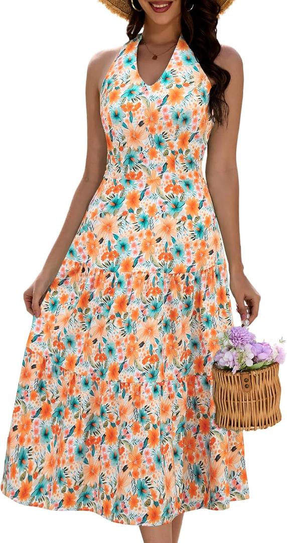 DRESSTELLS Womens Spring Floral Maxi Dress 2026 Casual Halter Vacation A-line Tiered Flowy Boho Summer Dresses (Orange, S)