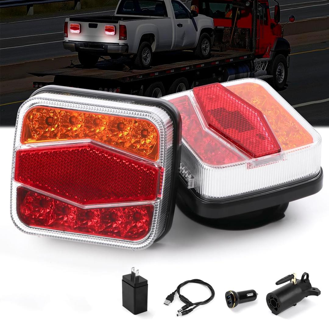 2PCS Wireless LED Trailer Lights Kit with 7 Pin Plug & Magnetic Base, Rechargeable Towing Light for Trailers, RVs, SUVs, and Boats