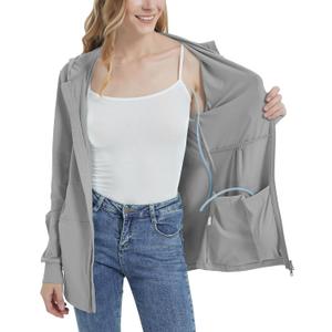 Post Mastectomy Shirts Hoddies with Drain Pockets, Breast Surgery Recovery Long Sleeve Mid Weight Zip Jacket For Women (Gray, S)