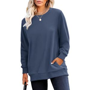 RUMIA Crewneck Fall Sweatshirts for Women Trendy- Women's Plain Long Sleeve Pullover Tops with Pockets Fashion (Navy), L
