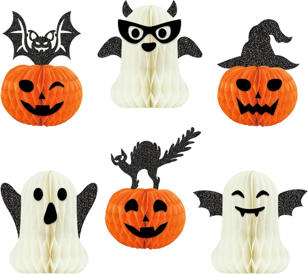 Halloween Table Decorations, 6Pcs Glitter Halloween Pumpkin Ghost Honeycomb Decorations, 3D Bat Pumkin Ghost Table Centerpieces Decors for Home Office Halloween Theme Party Events