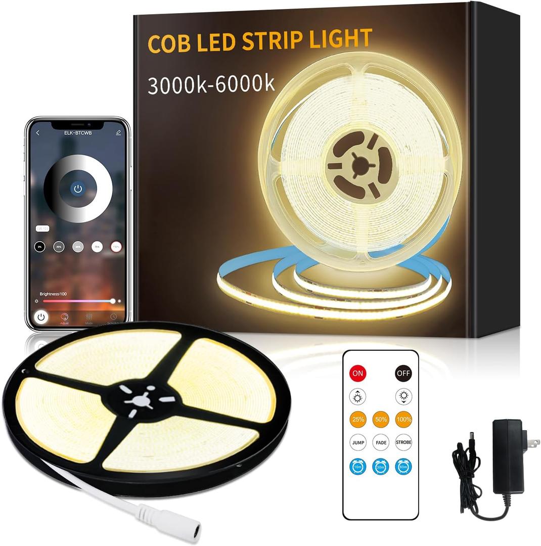 Yeewhale COB LED Strip Lights 32.8ft,3000K DC 24V Dimmable Warm White Flexible LED Rope Lights for Bedroom,with Remote and app Control LED Lights Strip for Living Room, Shelf, Cabinet