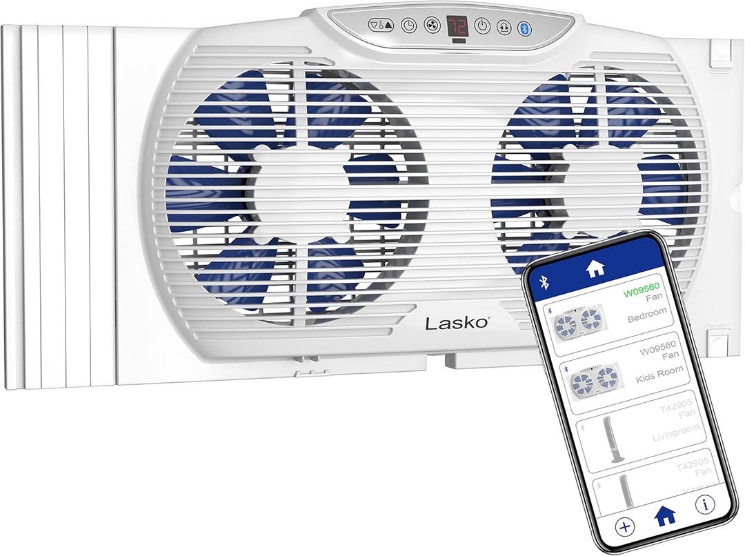 Lasko W09560 Bluetooth Enabled Twin 9-Inch Window Fan with Independent Electrically Reversible Intake & Exhaust Motors with Thermostat and Timer for Bedroom Indoor Home Use, White