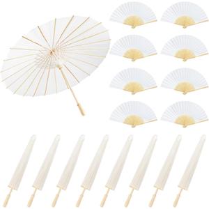MOTOTO 8 Pack 33 Inch White Paper Umbrellas & 8 Pack 8inch Foldable Handheld Fans, Oiled Chinese Japanese White Parasols Umbrellas Paper Fans for DIY Painting, Wedding, Bridal Party, Ceiling Decor