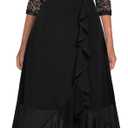 Miusol Women's V-Neck Floral Lace Classy Ruffle Design Wedding Party Maxi Dress (Large, Black)