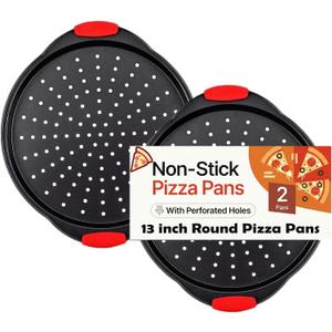 13 Inch Pizza Pan for Oven (2 Pack) Round Pizza Pan with Holes - Non-Stick Carbon Steel Pizza Tray with Silicone Handles - for Cooking, Baking, and Grilling - Dishwasher Safe