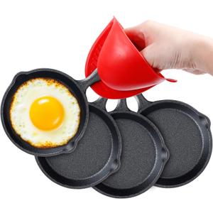 4 Inch Mini Cast Iron Skillet Set with Silicone Mitt, Small Frying Pan with Handle, Pre Seasoned Mini Skillets for Camping, Kitchen Cooking, Indoor and Outdoor (Black)