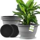 Large-Planter-Indoor-Outdoor Plant Pots, 12 inch 3 Pack Plastic Flower Pots with Saucer and Drainage Holes, Retro Antique Imitation Decorative Garden Containers Sets for Houseplant (White)