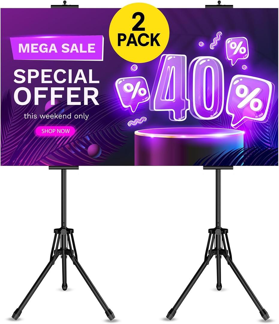 EBLIKI Poster Stands for Display - Floor Poster Board Holder Poster Display Stand Retractable Banner Stand Outdoor Sign Holder, Double-Side Tripod Height up to 80"（Pack of 2）