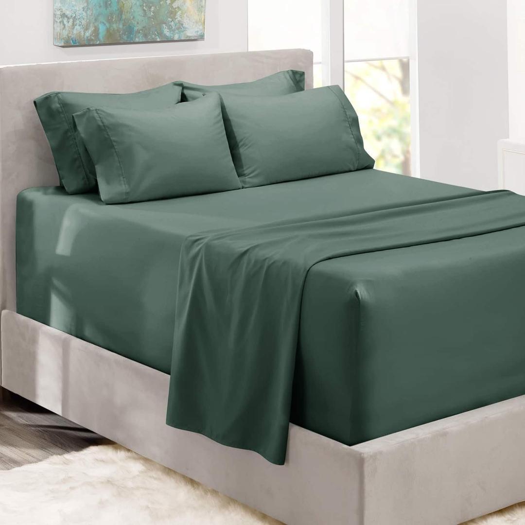 Hearth & Harbor Bed Sheets, Luxury Soft 6 Piece Bed Sheet Set Extra Deep Pocket Fitted Sheets Fits Mattress up to 21", Double Brushed Bedding Sheets & Pillowcases, (Queen, Frost Green)