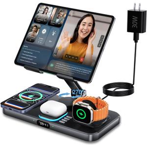 30W Foldable Charging Station for Multiple Devices, iPad Charging Station with Clock Display & Night Light for iPhone 17 Pro Max/16/15/iWatch 11/Air-pods 3/iPad 2025/Tablet Stand Holder 30W Foldable Charging Station for Multiple Devices, iPad Charging Station with Clock Display & Night Light for iPhone 17 Pro Max/16/15/iWatch 11/Air-pods 3/iPad 2025/Tablet Stand Holder