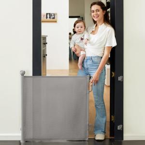 Momcozy Auto Lock Retractable Baby Gate, Safety Gate for Baby and Pet, 33 Tall, Extends to 55 Wide, Mesh Safety Dog Gate for Stairs, Indoor, Outdoor, Doorways, Hallways (Gray)