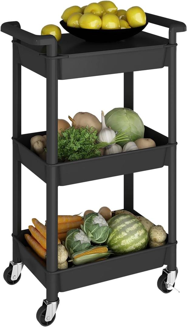 3-Tier Utility Rolling Cart with Cover Top Board, Mobile Utility Cart with Lockable Casters Multi-Functional Storage Trolley for Office, Bathroom, Kitchen, Garden, Laundry Room (Black)