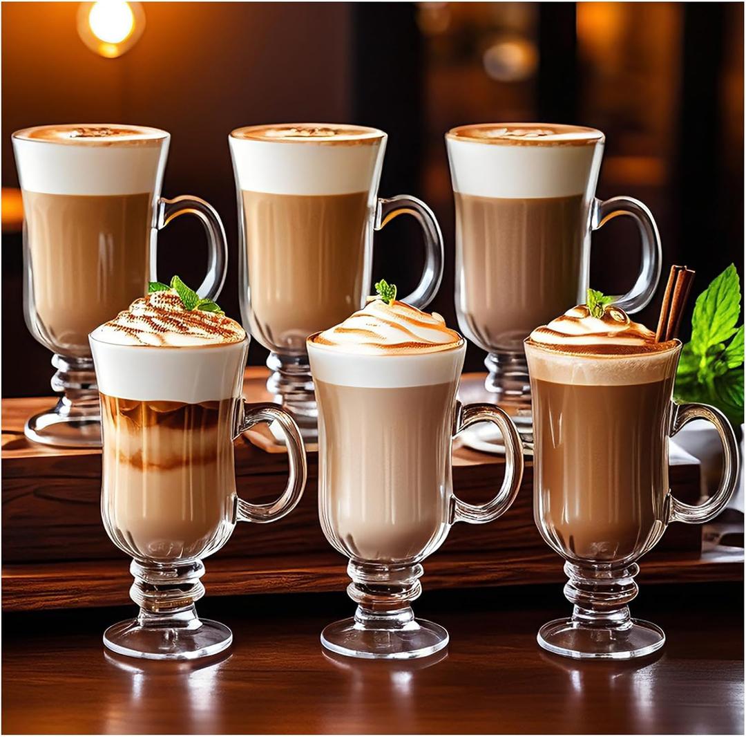 Set of 6 Clear Glass Goblet Mugs with Handles, 8 Oz - Perfect for Irish Coffee, Latte, Cappuccino, Smoothie and All Hot & Cold Beverages