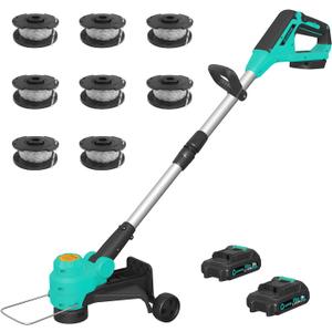 Garvee 12" Cordless Weed Wacker - String Trimmer Grass Trimmer, w/ 2 x 2.0Ah Batteries Fast Charger with Wheels, 8 pcs Spools Lines, Grass Trimmer Battery Powered Eater String