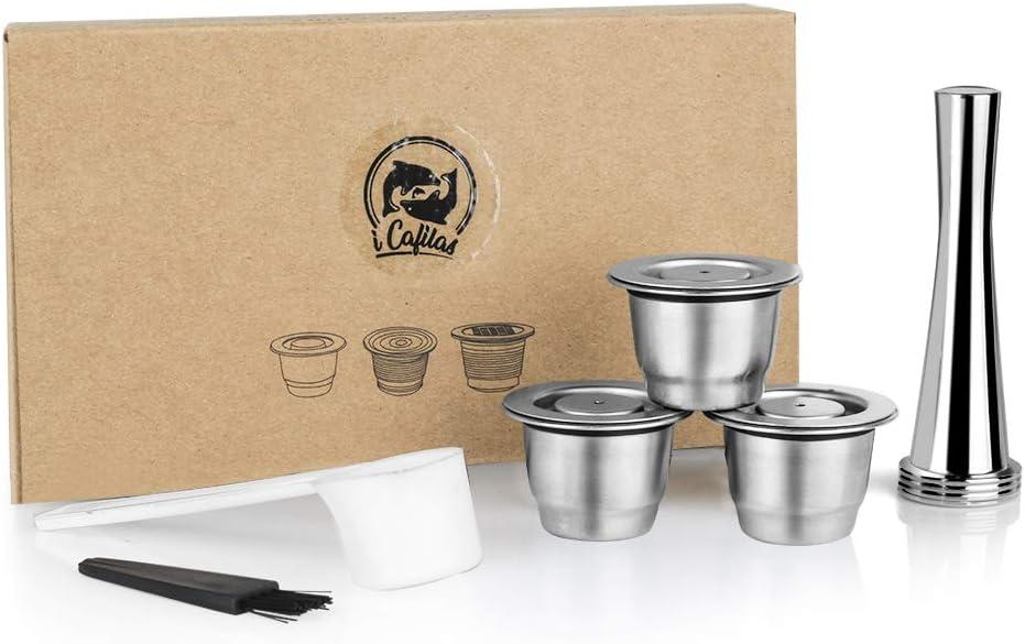i Cafilas Reusable Coffee Pods Compatible with Nespresso Original Line, Stainless Steel Refillable Espresso Capsules with Tamper, Dishwasher Safe Metal Cups (3 Pods + 1 Tamper)