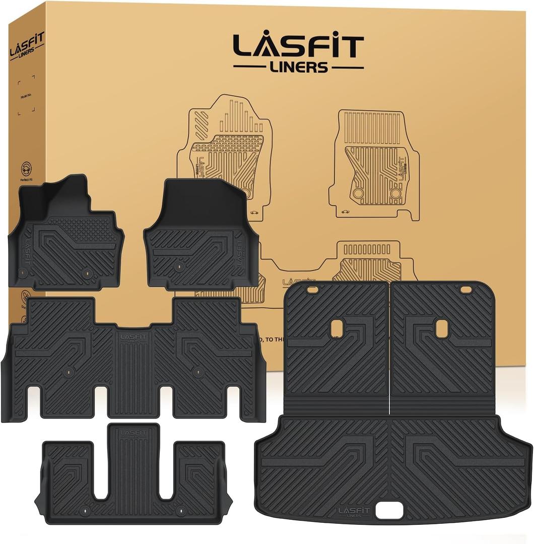 LASFIT Floor Mats & Cargo Mats for KIA EV9 2026 2025 2024 (Only for 6-Seats,Not Fit Relaxation Chairs & 7-Seats),All Weather TPE Custom Fit Kia EV9 2024-2026 Full Set Car Accessories Floor Liners