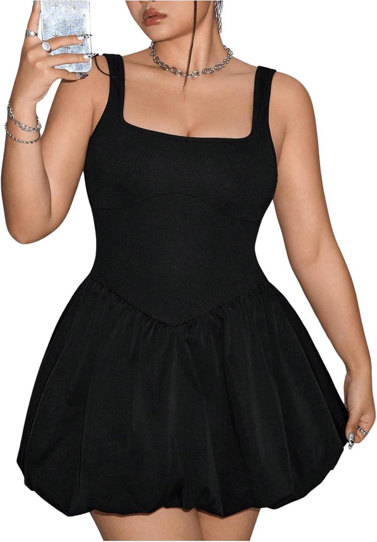 OYOANGLE Women's Plus Size Square Neck Ruffle Bubble Dress Sleeveless Flared A Line Short Tank Dress 2XL