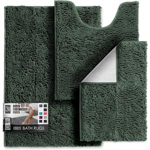 Hearth & Harbor Bathroom Rugs, Chenille Bath Mat - Machine Washable Bath Mats for Bathroom Non-Slip Backing Rubber, Quick Dry Mat - Hunter Green Bath Rug, 17x24-26x44-20x24
