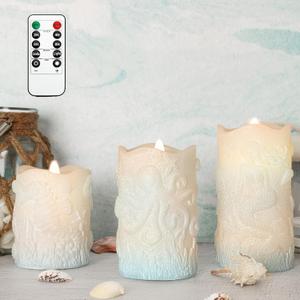 Blue Flameless Candles Carved Mermaid Coastal Theme Battery Operated with Remote Real Wax LED Flickering Pillar Ocean Candle for Home Bathroom Wedding Decoration