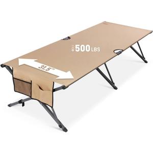 HOMECALL 31.5'' Heavy Duty Camping Cot for Adults, 500 lbs Capacity, Supports Up to 6.9ft, Military Folding Portable Cot with Carry Bag for Camping, Travel, Guest & Emergency Use, Desert Tan