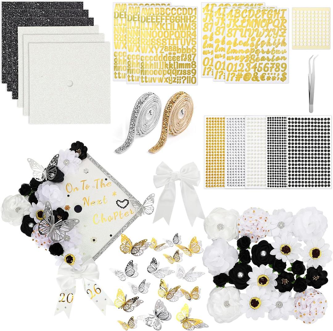 Wavwavw 68 Pcs DIY Graduation Cap Decorations Kit, Faux Flowers 3D Butterfly Bow Self Adhesive Rhinestones and Alphabet Letter Stickers for 2026 Grad Cap Topper Decor Graduation Party(Black White)